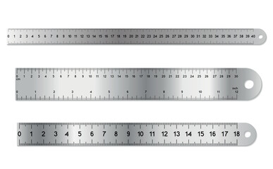 Metal ruler set. Dual measurements rulers with precise metric and inch scales. 12 inches, 40 centimeters, 30 centimeters, 18 centimeters and mixed markup scale measurement tool with shadows.