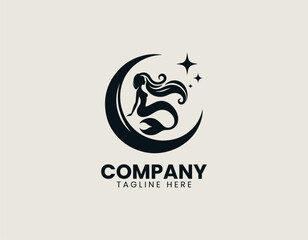 Obraz premium Elegant silhouette illustration of a beautiful mermaid sitting on a graceful crescent moon