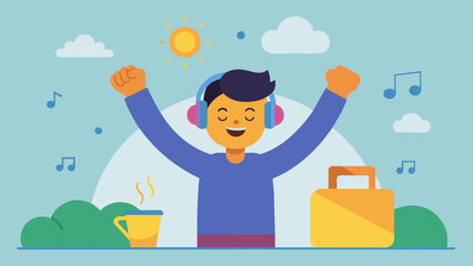 A person beginning their day by listening to upbeat and motivational music setting a positive and stressfree tone for the rest of the day..