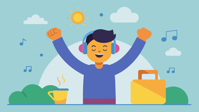 A person beginning their day by listening to upbeat and motivational music setting a positive and stressfree tone for the rest of the day..