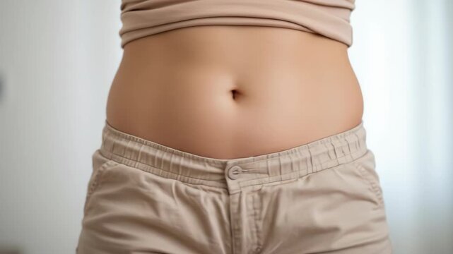 Close up of a womans belly with a small tummy, wearing beige shorts and a tshirt, showing the skin and shape of the abdomen, representing body positivity and selfcare