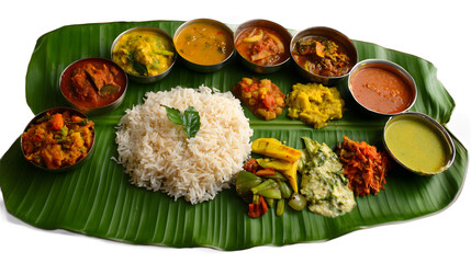 Traditional South Indian vegetarian meal served on a banana leaf with rice, sambar, rasam, curries, chutneys, and assorted side dishes, showcasing vibrant Indian cuisine and cultural heritage, isolate
