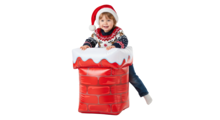 A toddler wearing a santa hat and christmas sweater sitting in an inflatable chimney prop smiling