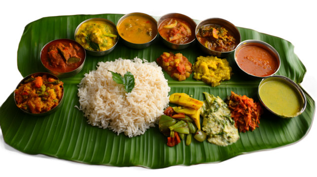 Traditional South Indian vegetarian meal served on a banana leaf with rice, sambar, rasam, curries, chutneys, and assorted side dishes, showcasing vibrant Indian cuisine and cultural heritage, isolate