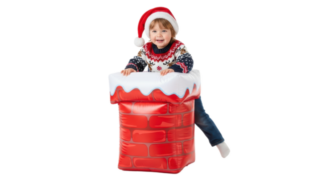 A toddler wearing a santa hat and christmas sweater sitting in an inflatable chimney prop smiling