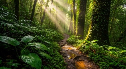 Fototapeta premium Sunlight streams through a lush, verdant rainforest path, highlighting the dense foliage and damp ground.