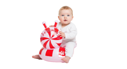 Baby sitting on a peppermint candy inflatable toy with a curious expression on a black background