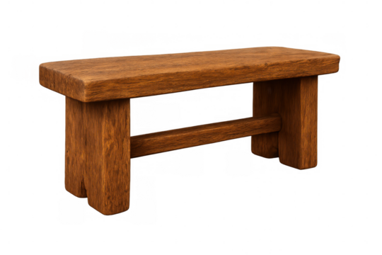Simple wooden bench isolated on a transparent background, showcasing its rustic charm and practicality