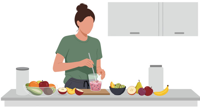 Woman Preparing Smoothie in Kitchen, Stirring with Straw, Healthy Lifestyle