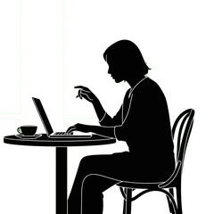 Silhouette of a person working on a laptop at a table with a coffee cup, depicting remote work or study.