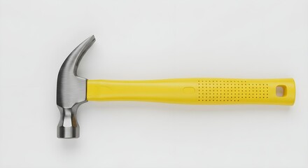 Top View of Silver Claw Hammer with Bright Yellow Handle Isolated on White Background