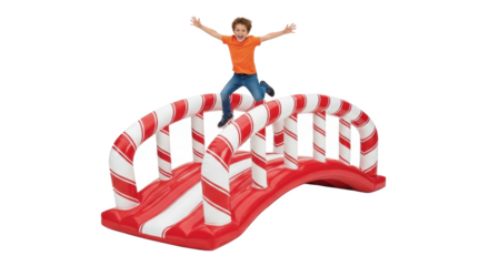 Boy jumping on an inflatable bridge with red and white candy cane striped supports and a red base design