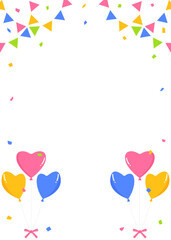 ハートの風船、ガーランド、紙吹雪のデコレーションフレーム、縦向き