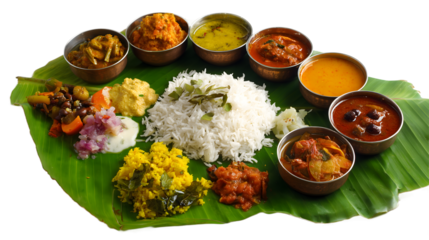 Traditional South Indian vegetarian meal served on a banana leaf with rice, sambar, rasam, curries, chutneys, and assorted side dishes, showcasing vibrant Indian cuisine and cultural heritage, isolate