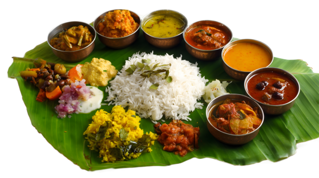 Traditional South Indian vegetarian meal served on a banana leaf with rice, sambar, rasam, curries, chutneys, and assorted side dishes, showcasing vibrant Indian cuisine and cultural heritage, isolate