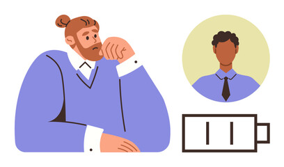 Seated man with hand on chin appears fatigued alongside low battery icon and digital colleague image. Ideal for burnout, remote work stress, virtual connection, low productivity, fatigue, mental
