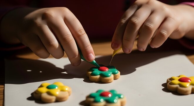 A child's hands carefully decorating flower-shaped sugar cookies with colorful icing.