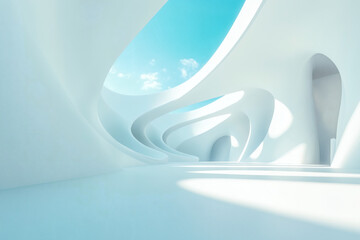 Futuristic Architecture: White curves create an organic, modern space. Natural light filters through, accentuating the flowing design.