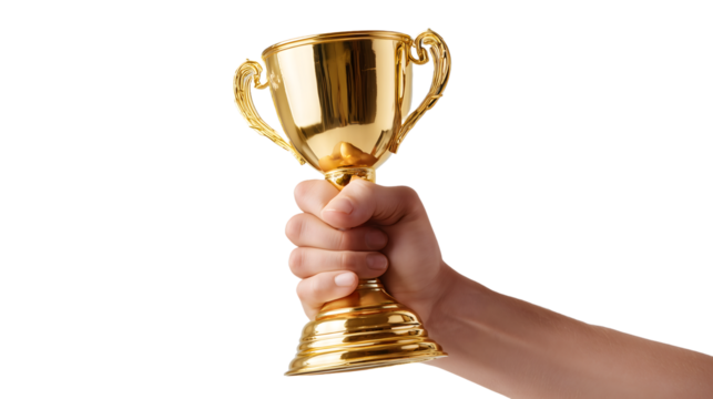 Hand holding a golden trophy cup symbolizing victory, achievement, recognition, and success in sports, competitions, or academic excellence, isolated on white background.

