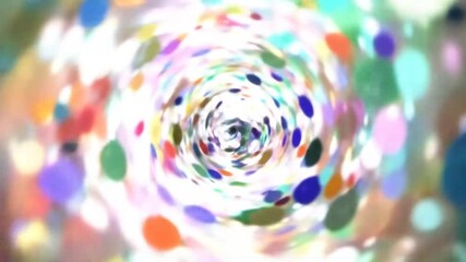 A swirling vortex of multicolored, blurred dots spirals inwards against a bright, white background. - Powered by Adobe