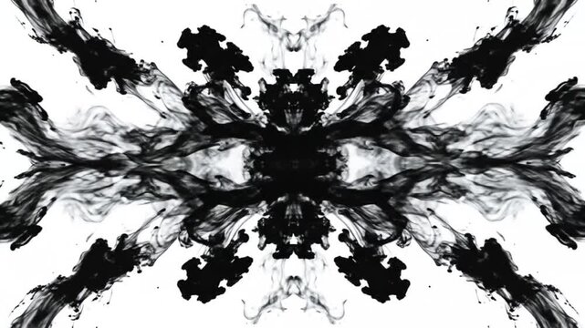 A symmetrical, black ink blot spreads across a white background, resembling a winged creature or a complex, branching structure.