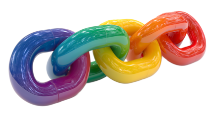Colorful metal chain links painted in rainbow colors representing LGBTQ+ pride, diversity, unity, and strength, symbol of equality and inclusion, isolated on white background.
