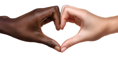 Interracial hands forming a heart shape symbolizing love, unity, diversity, inclusion, and human connection across cultures, representing equality and harmony, isolated on white background.

