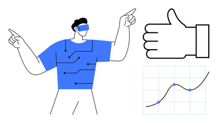 Man wearing VR headset gesturing, circuit-thumbs up shirt design, growth graph, and thumbs-up icon. Ideal for technology, innovation, VR, data, progress AI user engagement simple landing page