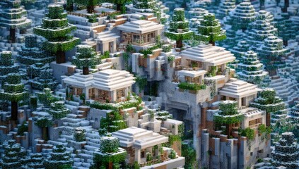 Snow-covered mountain village nestled in a dense forest