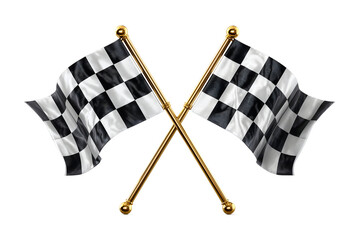 Crossed black and white checkered racing flags with golden poles, symbolizing race completion, motorsport victory, finish line success, and competitive achievement, isolated on white background.