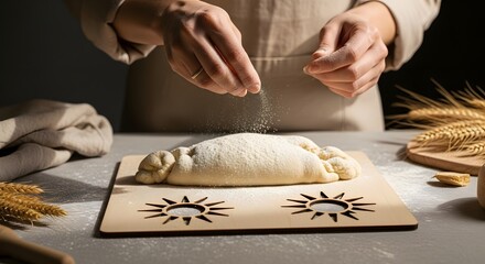 A baker's hands carefully sprinkle flour over a raw loaf of bread dough on a decorative wooden board.