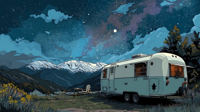 A caravan under a starry night sky with a galaxy and mountains in the background - Powered by Adobe