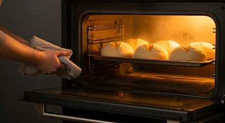A person uses a cloth to pull a tray of freshly baked bread rolls from a hot oven.