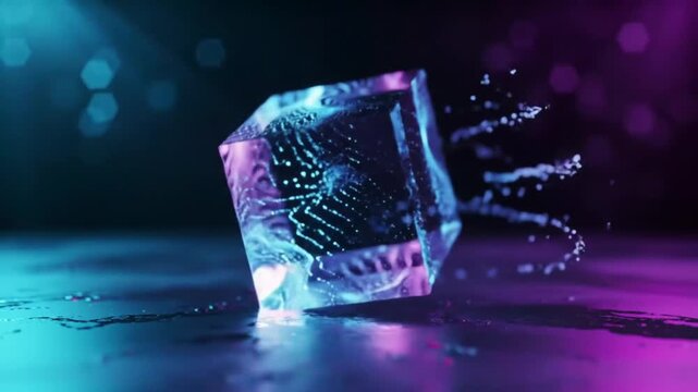 A translucent, multifaceted cube with swirling patterns inside sits on a dark, reflective surface, emitting light and particles.