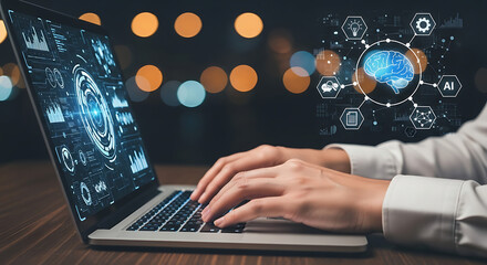 Person typing on a laptop with a glowing digital network and ai brain overlay symbolizing technology and innovation