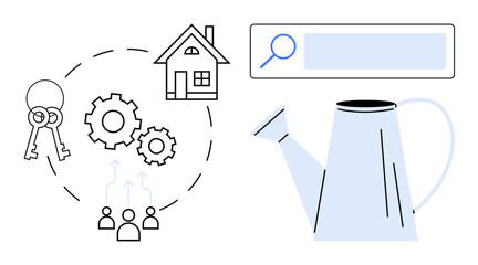 Keys, house, gears, group of people, search bar, and watering can. Ideal for real estate, teamwork, property development investment innovation creativity simple landing page