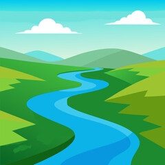 Obraz premium A vantage point to view the flow of a river across the wide green meadows vector landscape background.
