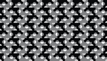 Seamless abstract geometric pattern with semicircles and rectangles in black and white on a gray background