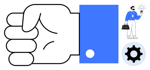 Clenched fist symbolizing strength, man with lightbulb representing innovation, gear for process optimization. Ideal for leadership, teamwork, problem-solving, creativity, business strategy