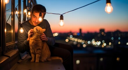 A man sitting on a ledge pets an orange cat in an outdoor setting at dusk, with string lights overhead and a cityscape with blurred lights in the background.
