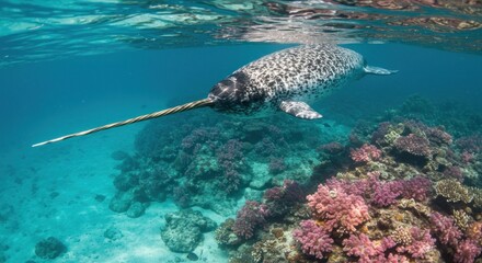 Narwhal swimming in coral reef