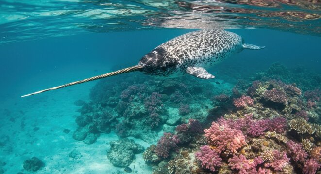 Narwhal swimming in coral reef