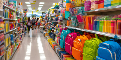 Fototapeta premium Vibrant Display of Colorful Backpacks and School Supplies Aisles in Busy Store during Back-to-School Season