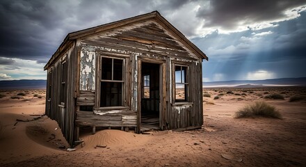 Abandoned house in the desert under dramatic sky evoking solitude and desolation showcasing