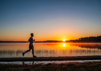 A man jogs on a grassy path along a lake at sunrise, with a dark tree line on the far bank.