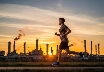 A man jogs on a paved path in front of a sprawling industrial refinery at a brilliant orange and yellow sunset.