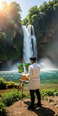  A man in a white coat and black beret paints a large waterfall cascading into a turquoise river on a sunny day.