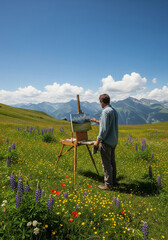 A man stands painting a mountain landscape on an easel in a field of green grass and wildflowers under a bright blue sky.