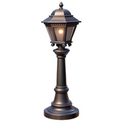 Fototapeta premium Ornate Black Street Lamp with Glowing Bulb lamp post isolated on a transparent background