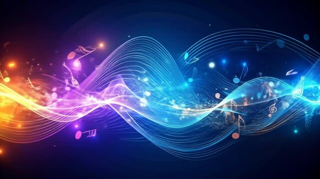 Colorful, wavy lines flow across a dark background, interspersed with translucent musical notes.